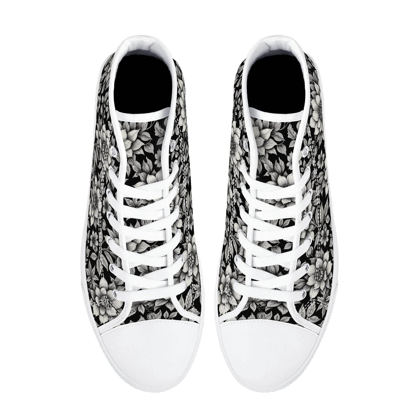 Black and White Bloom Women's High Top Canvas Shoes - DeRose Seasonal