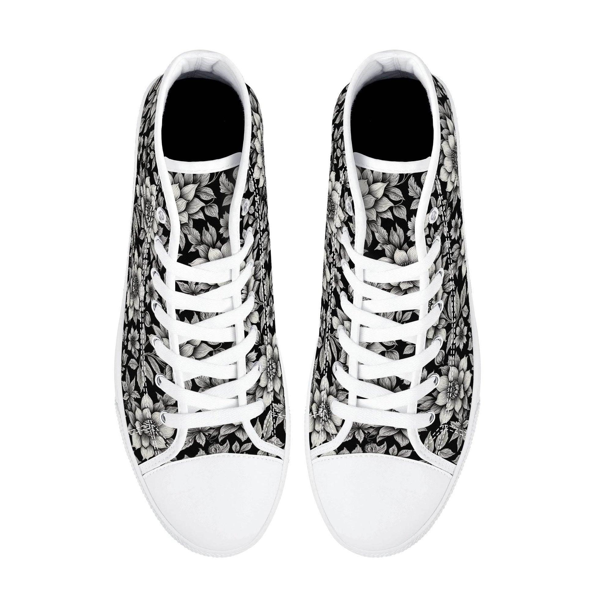 Black and White Bloom Women's High Top Canvas Shoes - DeRose Seasonal