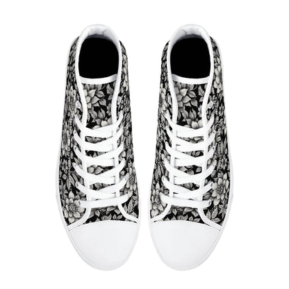 Black and White Bloom Women's High Top Canvas Shoes - DeRose Seasonal