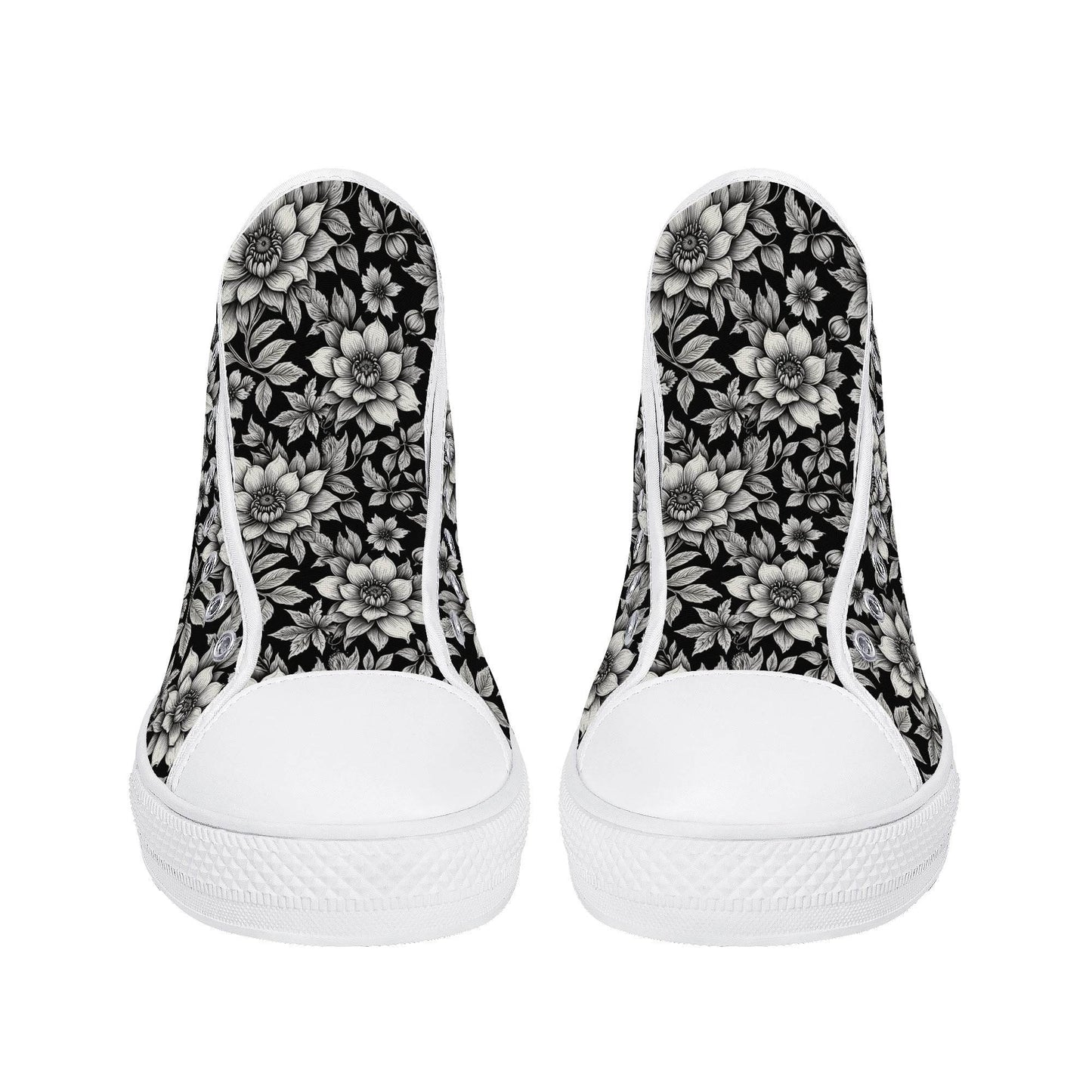 Black and White Bloom Women's High Top Canvas Shoes - DeRose Seasonal