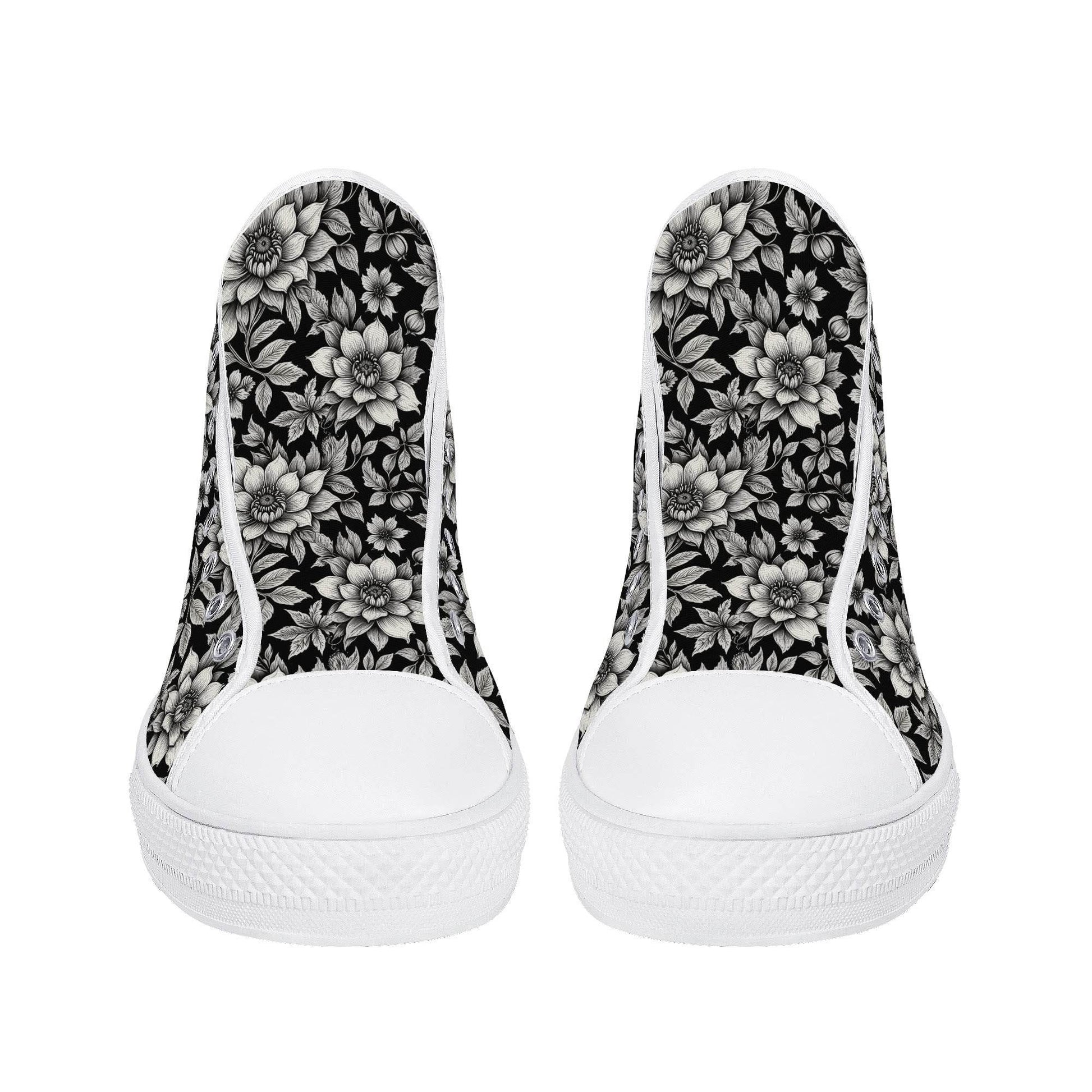 Black and White Bloom Women's High Top Canvas Shoes - DeRose Seasonal