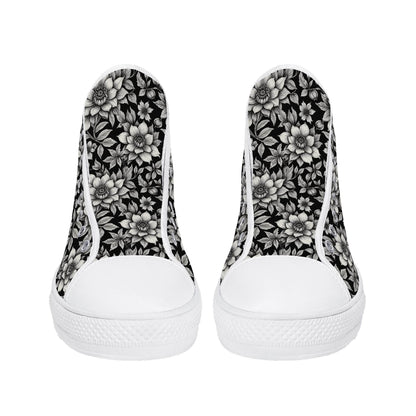 Black and White Bloom Women's High Top Canvas Shoes - DeRose Seasonal