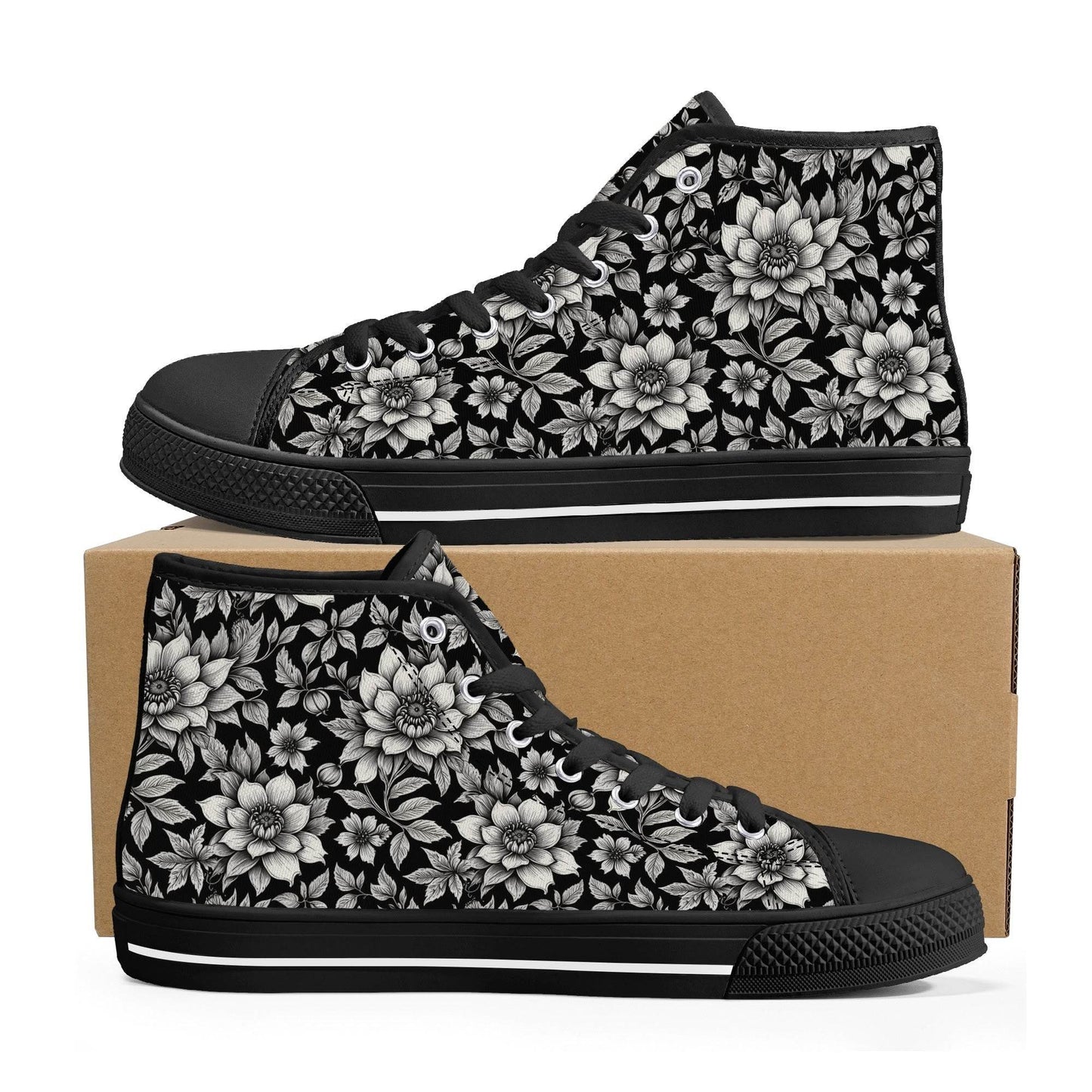 Black and White Bloom Women's High Top Canvas Shoes - DeRose Seasonal