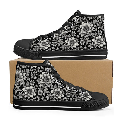 Black and White Bloom Women's High Top Canvas Shoes - DeRose Seasonal