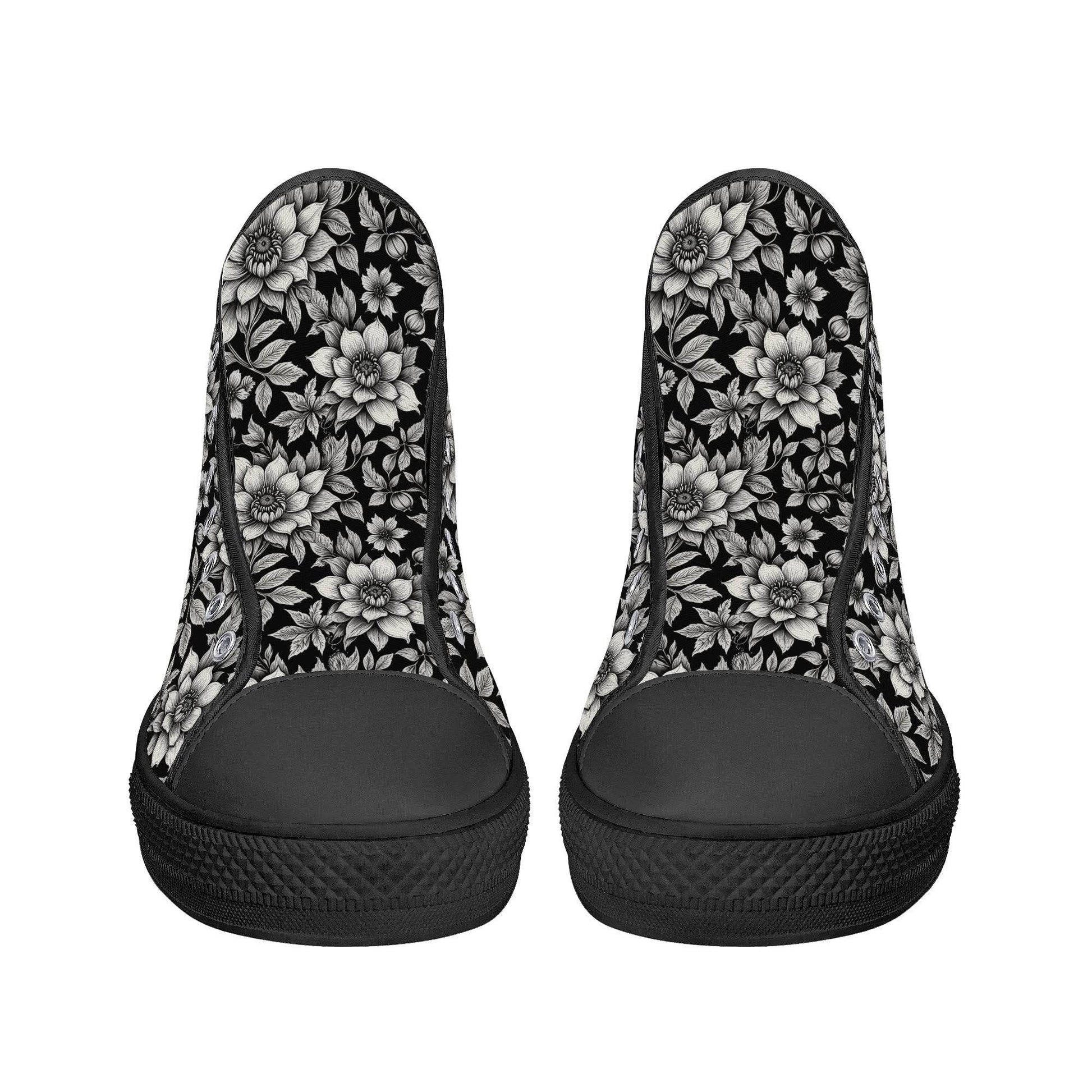 Black and White Bloom Women's High Top Canvas Shoes - DeRose Seasonal
