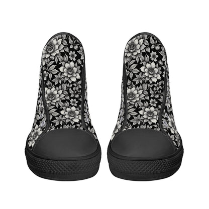Black and White Bloom Women's High Top Canvas Shoes - DeRose Seasonal