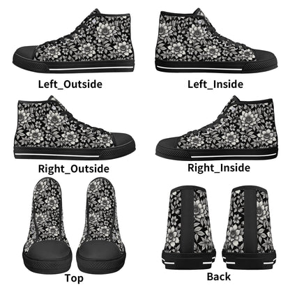 Black and White Bloom Women's High Top Canvas Shoes - DeRose Seasonal