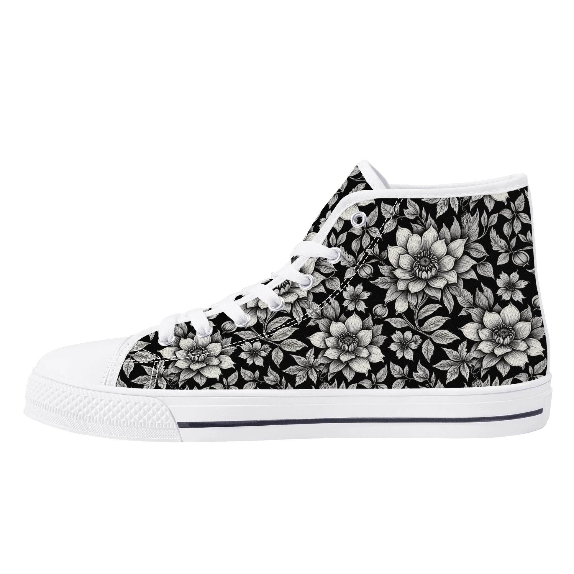 Black and White Bloom Women's High Top Canvas Shoes - DeRose Seasonal