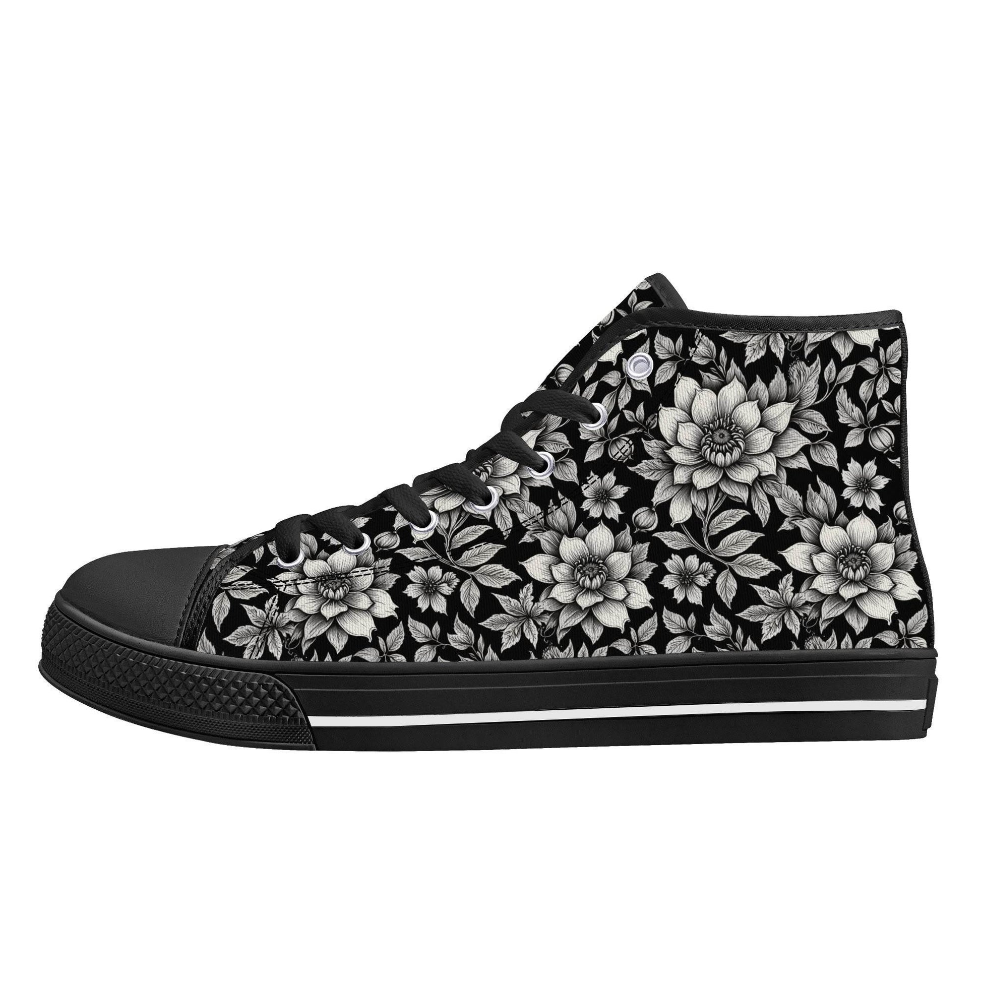 Black and White Bloom Women's High Top Canvas Shoes - DeRose Seasonal