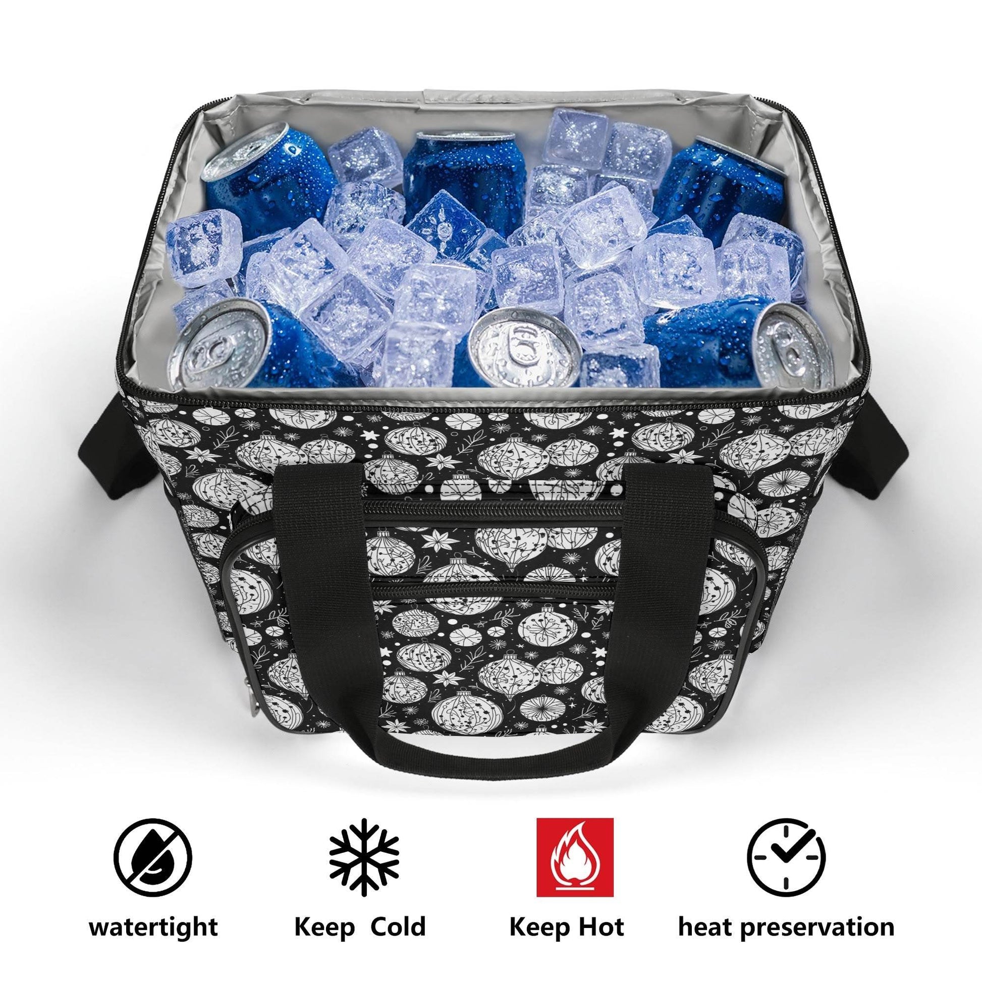 Black and White Christmas Ornament Insulated Leakproof Cooler Bag Lunch Box - DeRose Seasonal