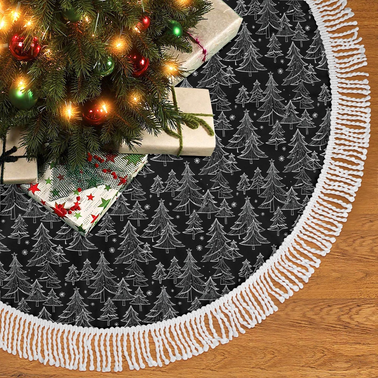 Black and White Christmas Tree Fringed Christmas Tree Skirts - DeRose Seasonal