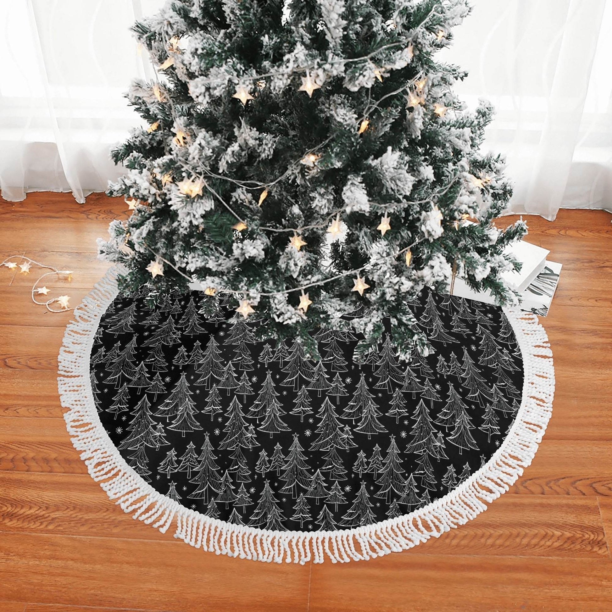 Black and White Christmas Tree Fringed Christmas Tree Skirts - DeRose Seasonal