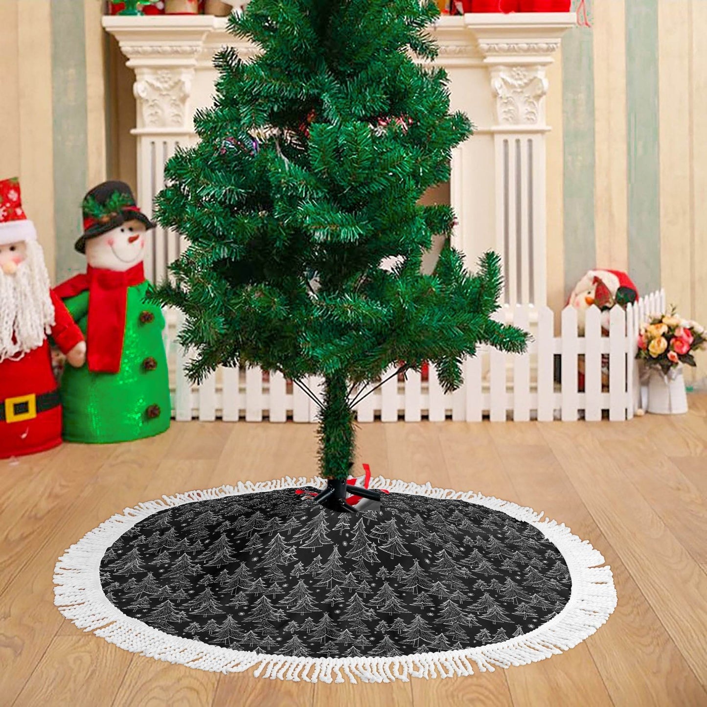 Black and White Christmas Tree Fringed Christmas Tree Skirts - DeRose Seasonal
