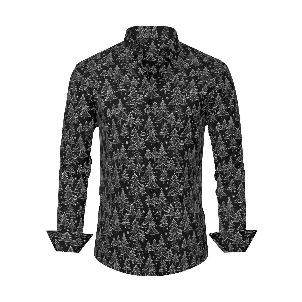 Black and White Christmas Tree Men's Classic Long-Sleeved Button up Polyester Dress Shirt - DeRose Seasonal