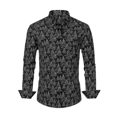 Black and White Christmas Tree Men's Classic Long-Sleeved Button up Polyester Dress Shirt - DeRose Seasonal
