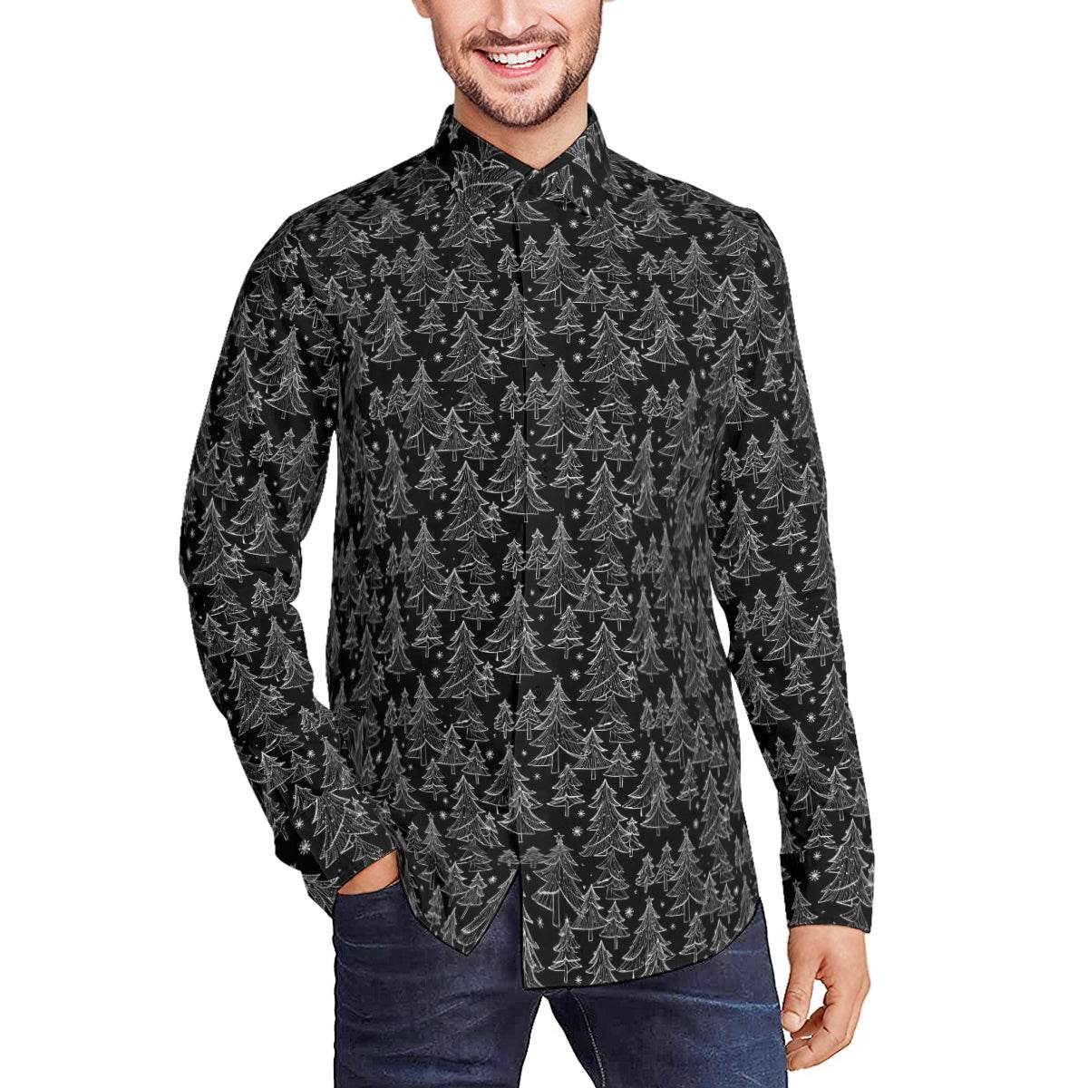 Black and White Christmas Tree Men's Classic Long-Sleeved Button up Polyester Dress Shirt - DeRose Seasonal