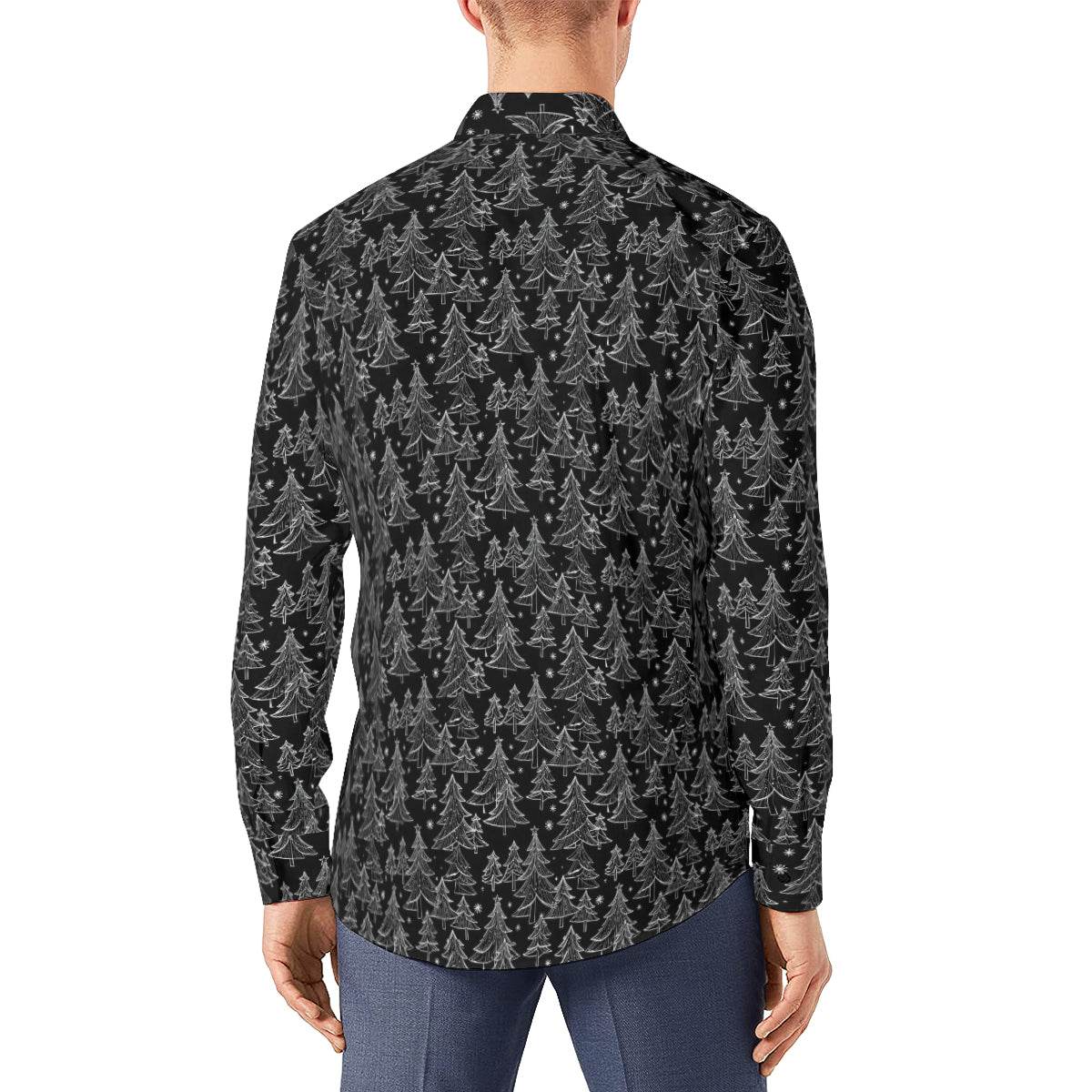 Black and White Christmas Tree Men's Classic Long-Sleeved Button up Polyester Dress Shirt - DeRose Seasonal