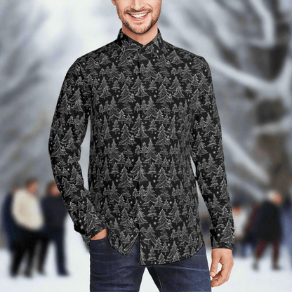 Black and White Christmas Tree Men's Classic Long-Sleeved Button up Polyester Dress Shirt - DeRose Seasonal