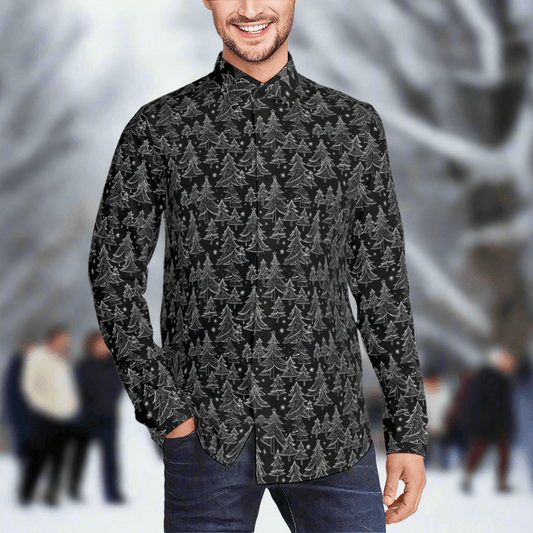 Black and White Christmas Tree Men's Classic Long-Sleeved Button up Polyester Dress Shirt - DeRose Seasonal