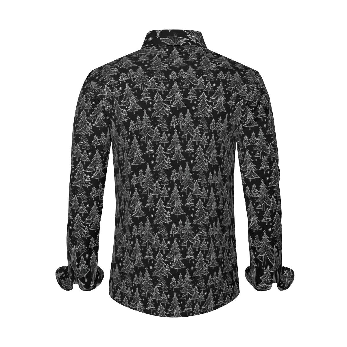 Black and White Christmas Tree Men's Classic Long-Sleeved Button up Polyester Dress Shirt - DeRose Seasonal