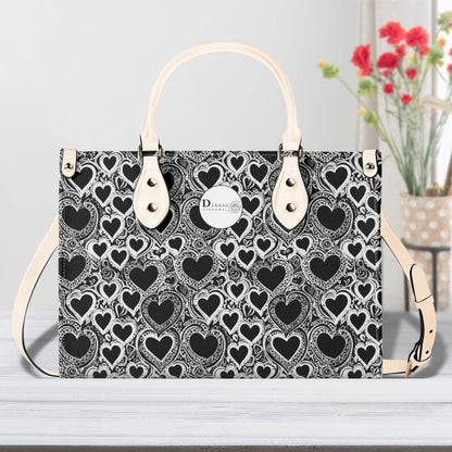 Black and White Groovy Hearts Luxury Women Leather Handbag (3 sizes) - DeRose Seasonal
