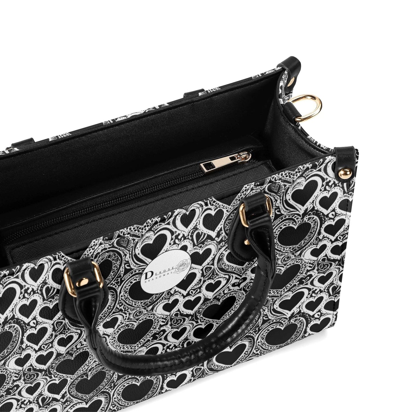 Black and White Groovy Hearts Luxury Women Leather Handbag (3 sizes) - DeRose Seasonal