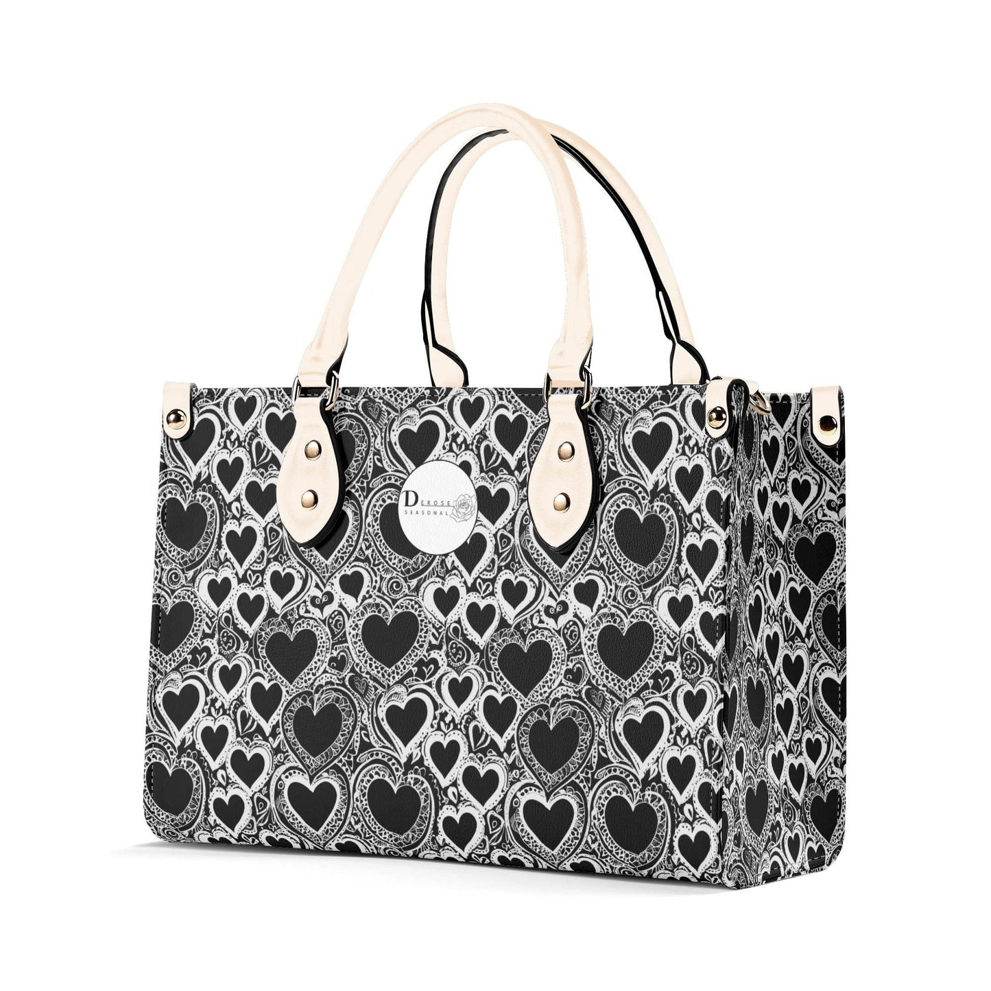 Black and White Groovy Hearts Luxury Women Leather Handbag (3 sizes) - DeRose Seasonal