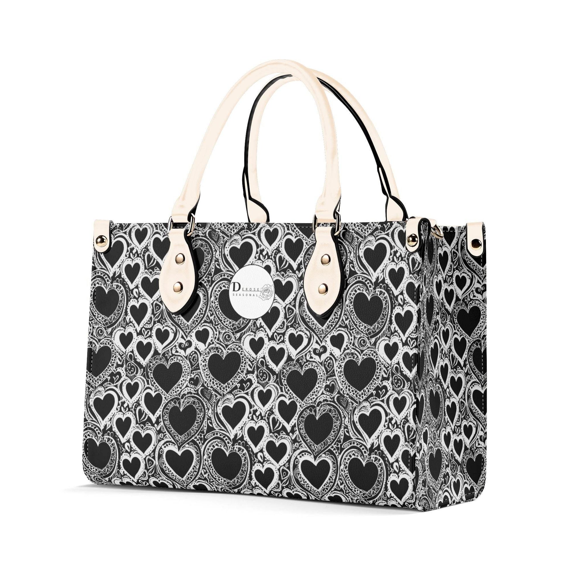 Black and White Groovy Hearts Luxury Women Leather Handbag (3 sizes) - DeRose Seasonal