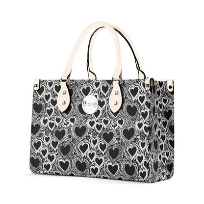 Black and White Groovy Hearts Luxury Women Leather Handbag (3 sizes) - DeRose Seasonal