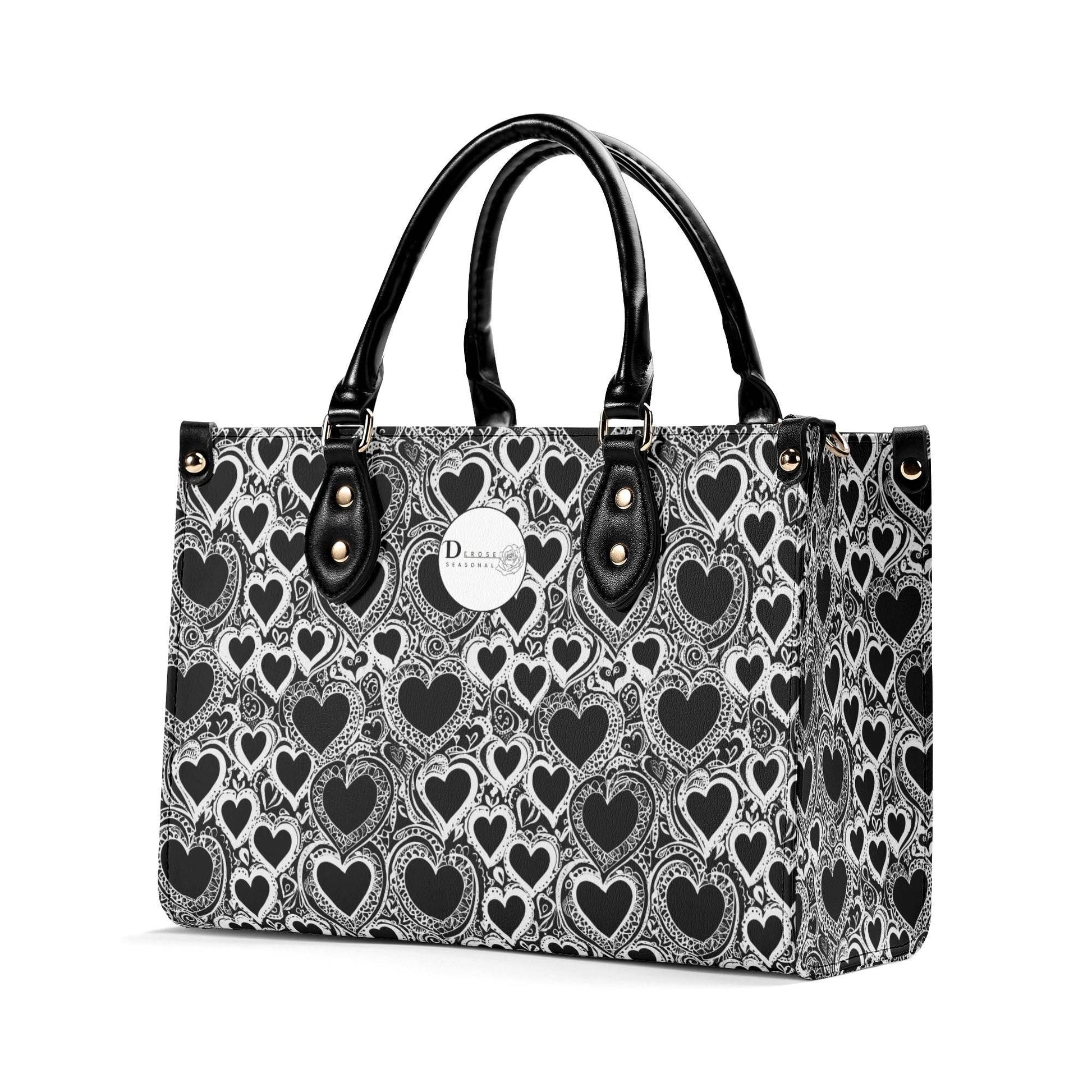 Black and White Groovy Hearts Luxury Women Leather Handbag (3 sizes) - DeRose Seasonal