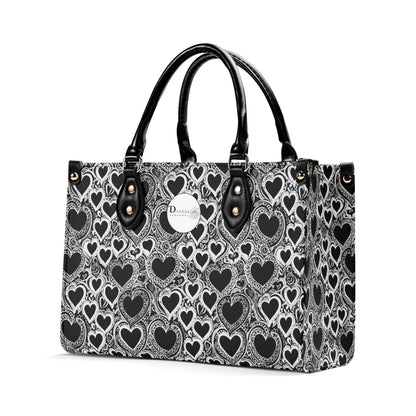 Black and White Groovy Hearts Luxury Women Leather Handbag (3 sizes) - DeRose Seasonal