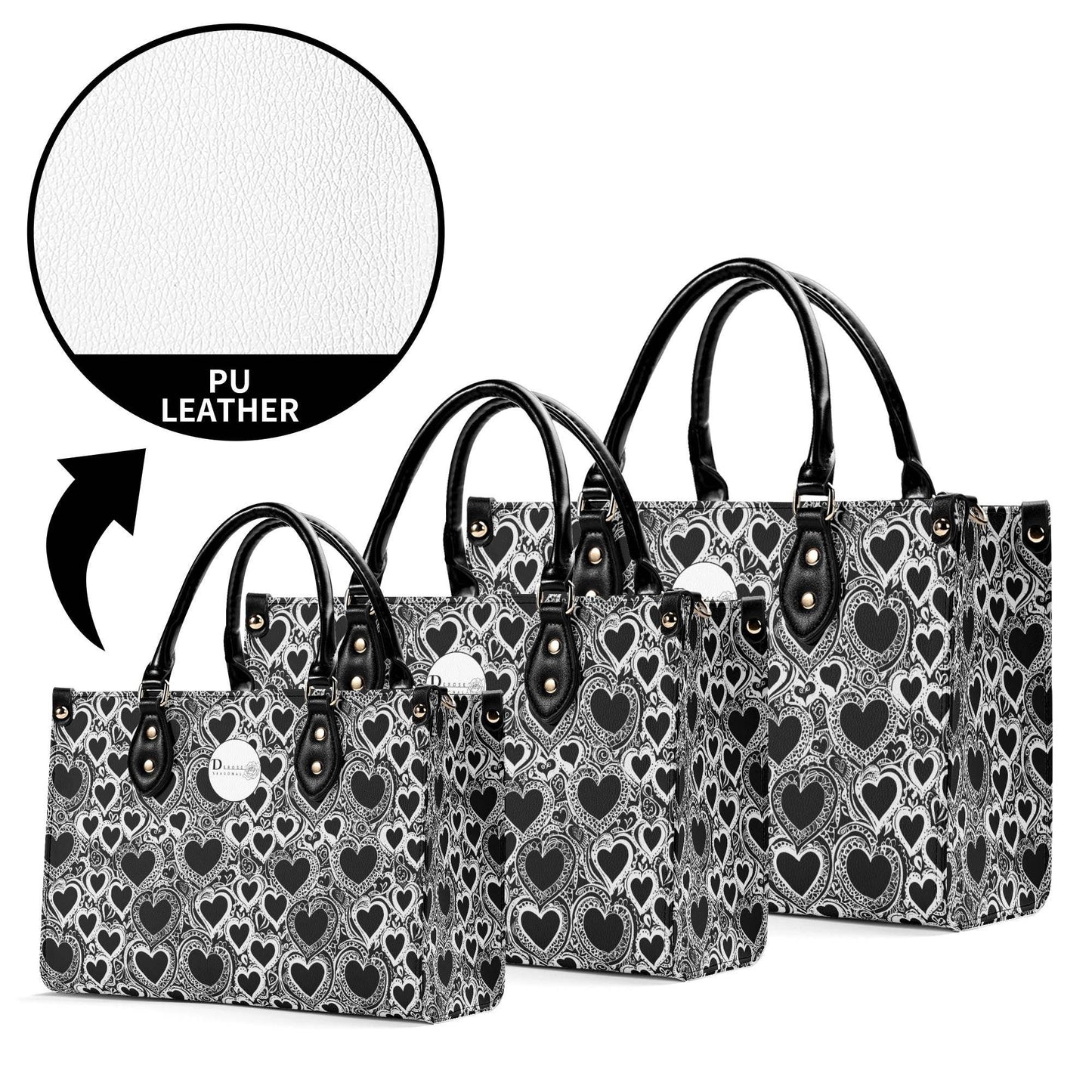Black and White Groovy Hearts Luxury Women Leather Handbag (3 sizes) - DeRose Seasonal