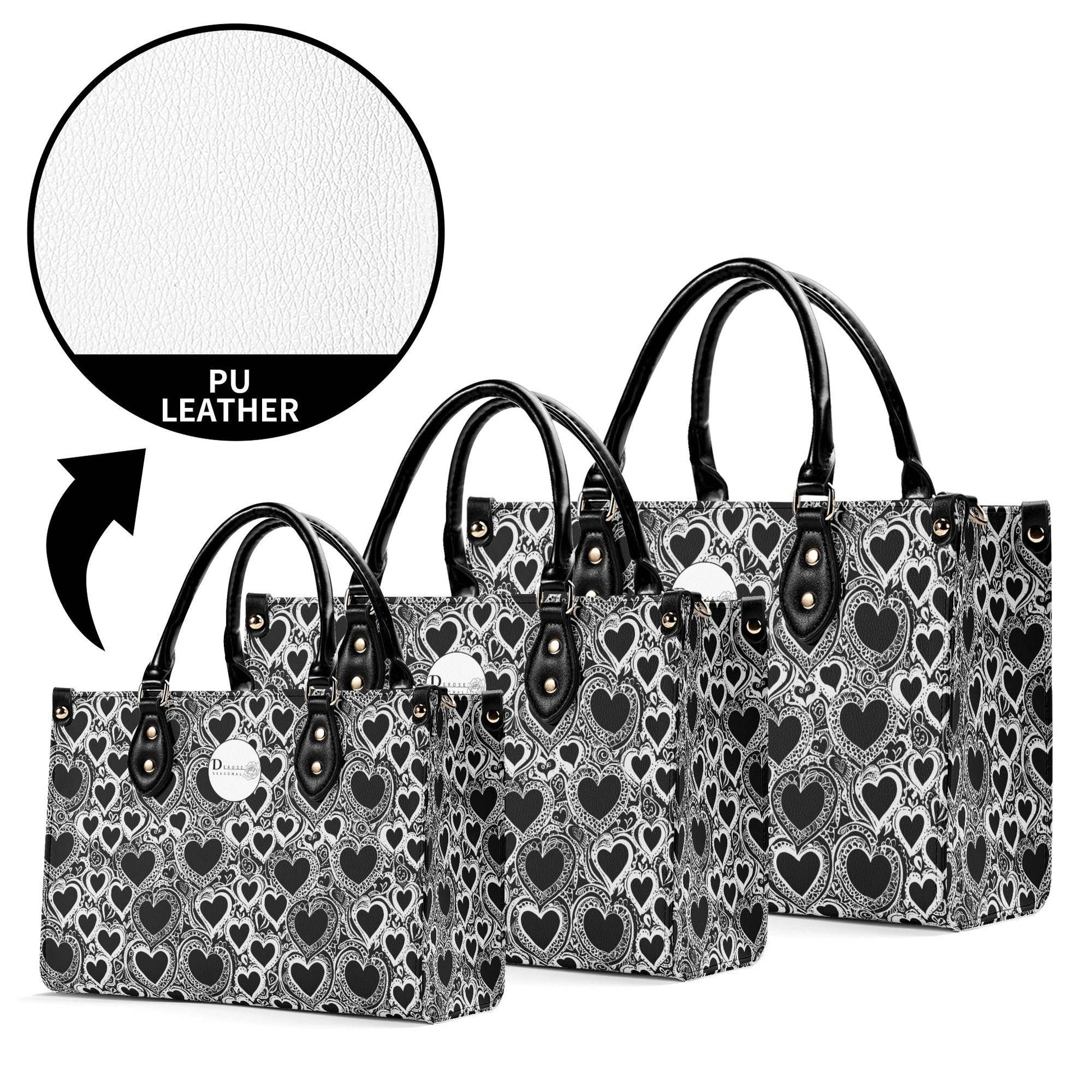 Black and White Groovy Hearts Luxury Women Leather Handbag (3 sizes) - DeRose Seasonal