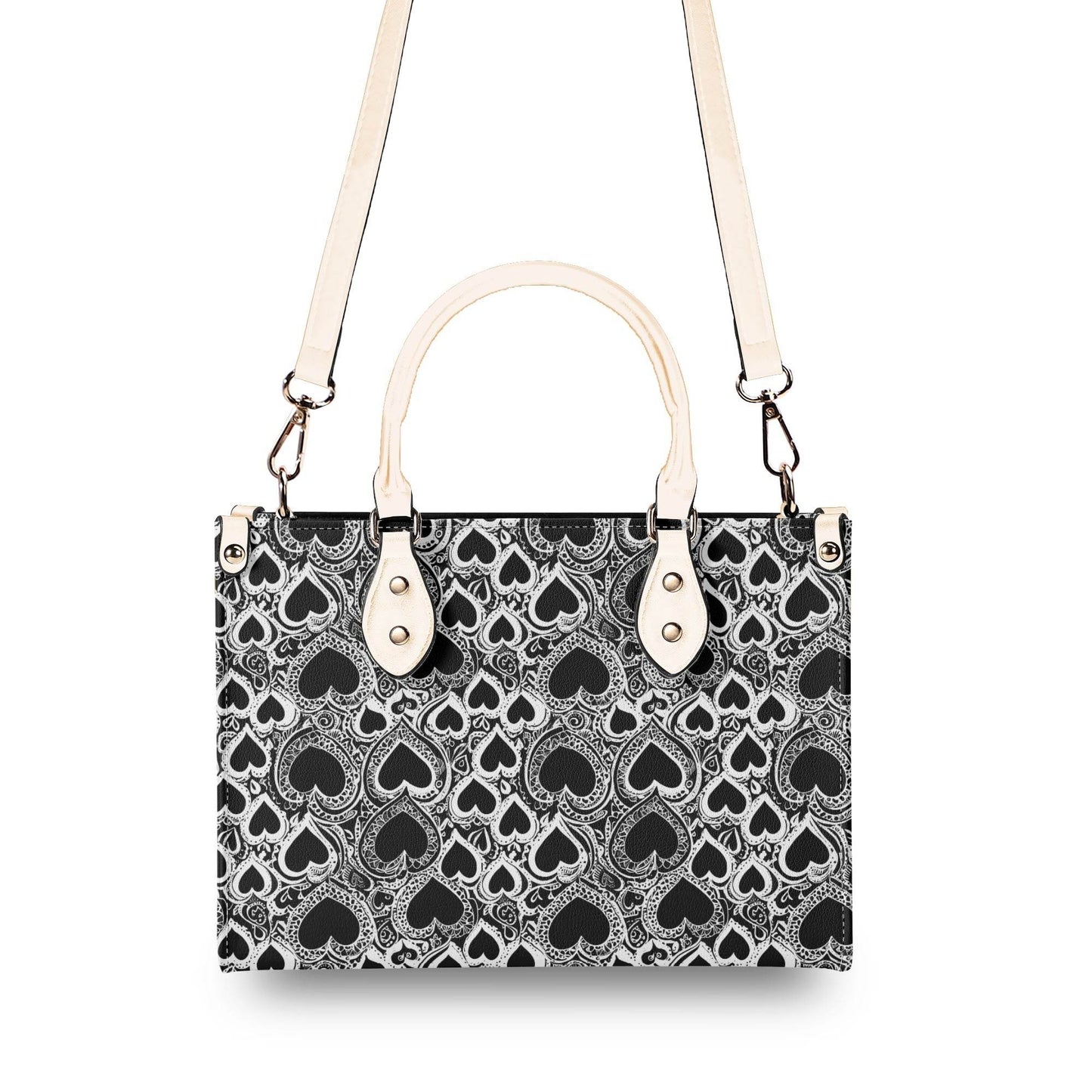 Black and White Groovy Hearts Luxury Women Leather Handbag (3 sizes) - DeRose Seasonal