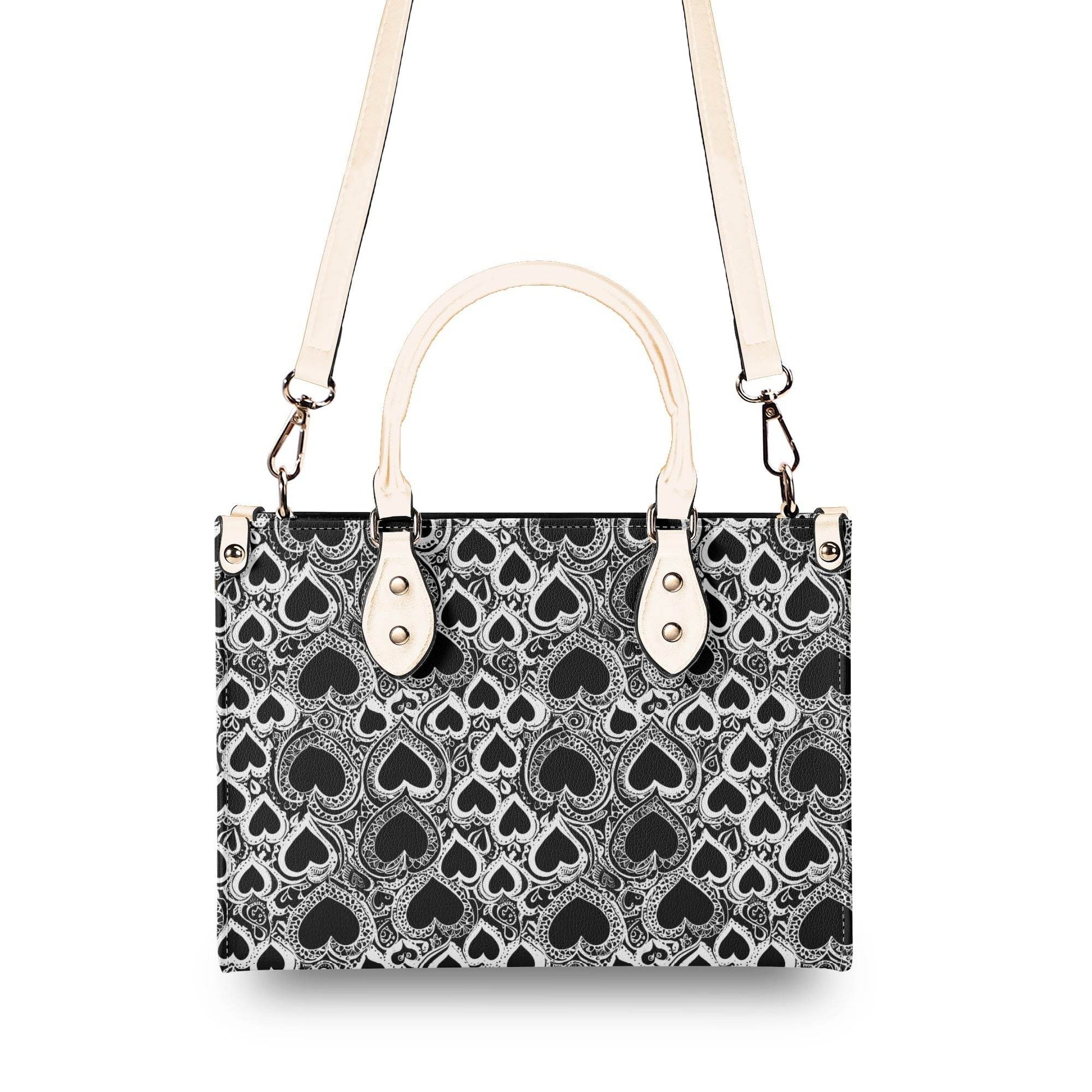 Black and White Groovy Hearts Luxury Women Leather Handbag (3 sizes) - DeRose Seasonal