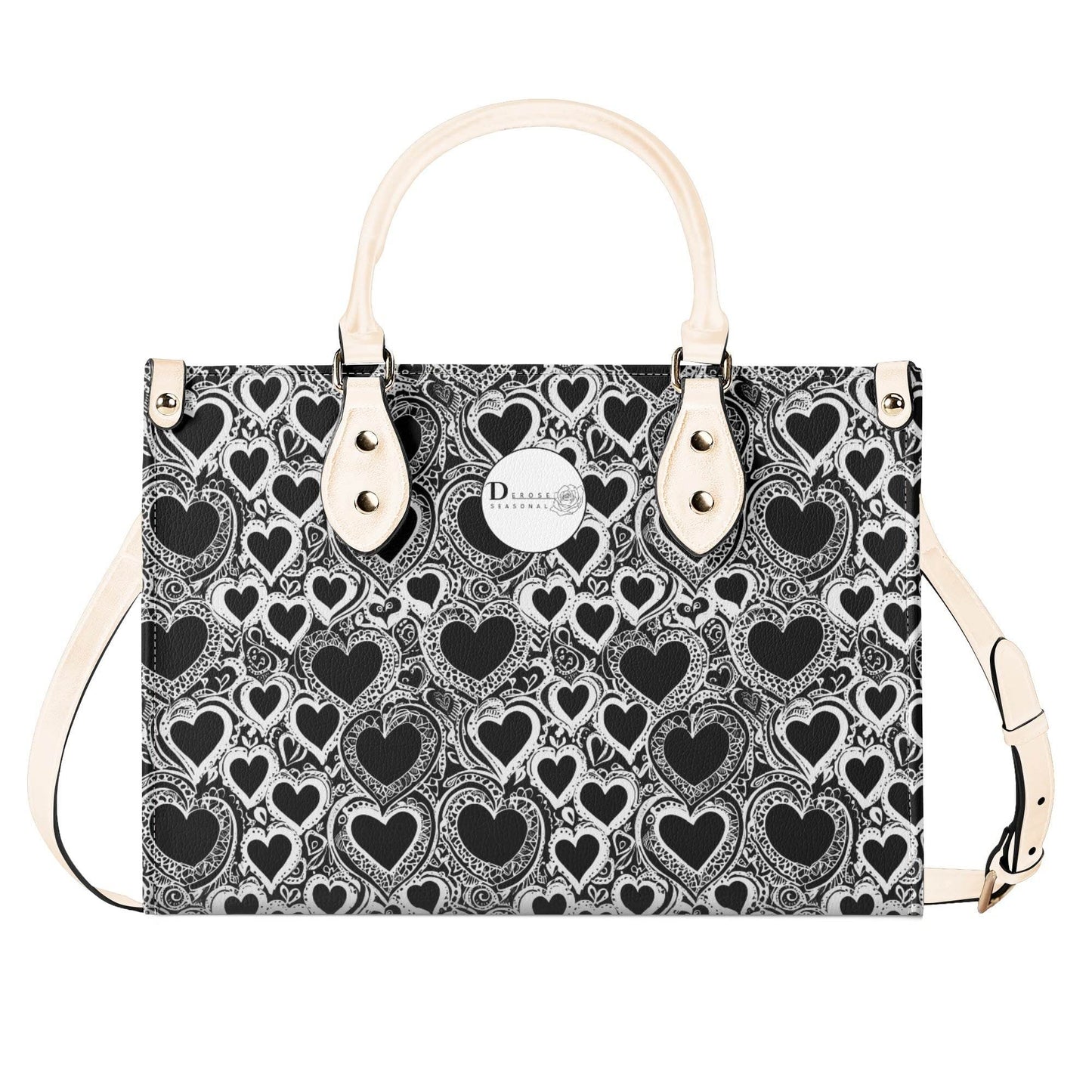 Black and White Groovy Hearts Luxury Women Leather Handbag (3 sizes) - DeRose Seasonal