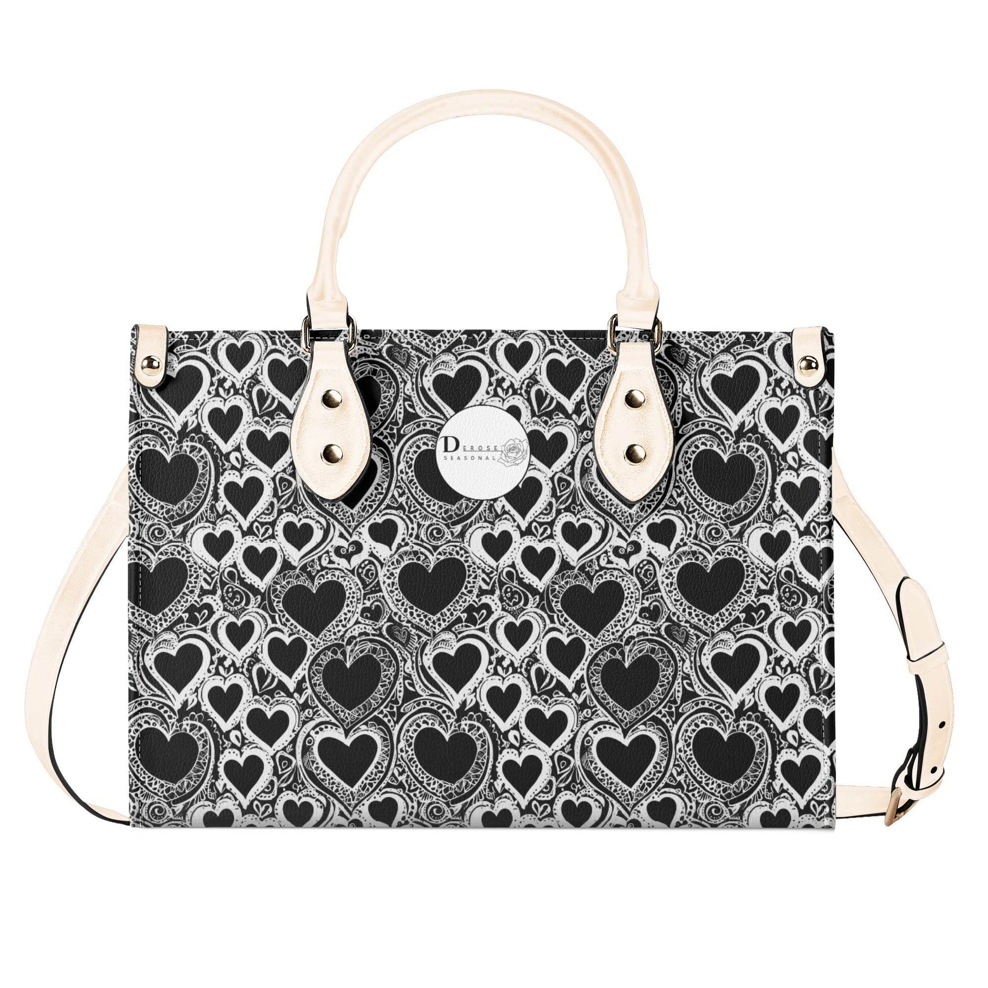 Black and White Groovy Hearts Luxury Women Leather Handbag (3 sizes) - DeRose Seasonal