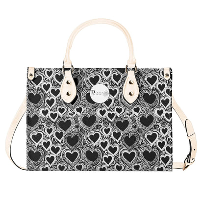 Black and White Groovy Hearts Luxury Women Leather Handbag (3 sizes) - DeRose Seasonal