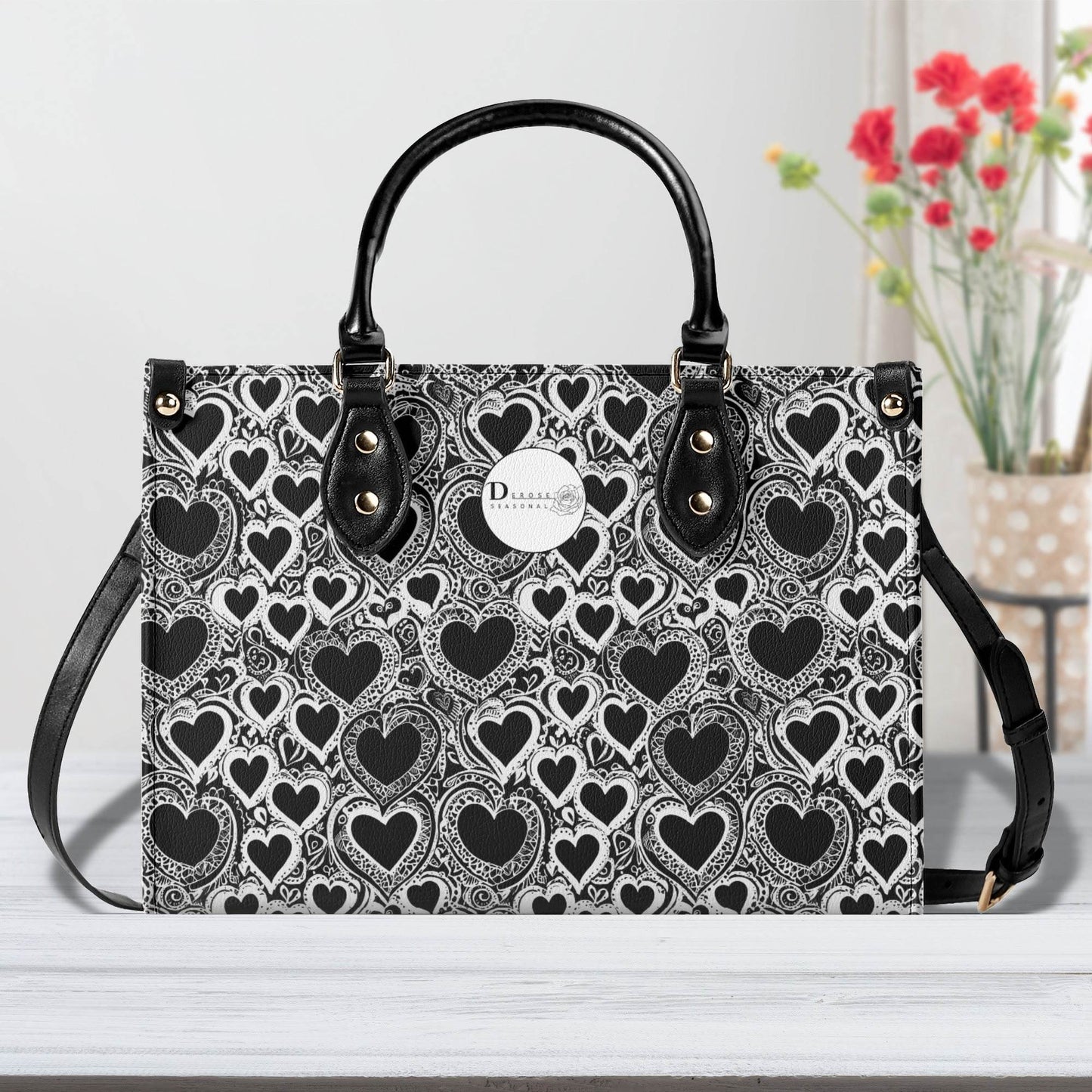 Black and White Groovy Hearts Luxury Women Leather Handbag (3 sizes) - DeRose Seasonal