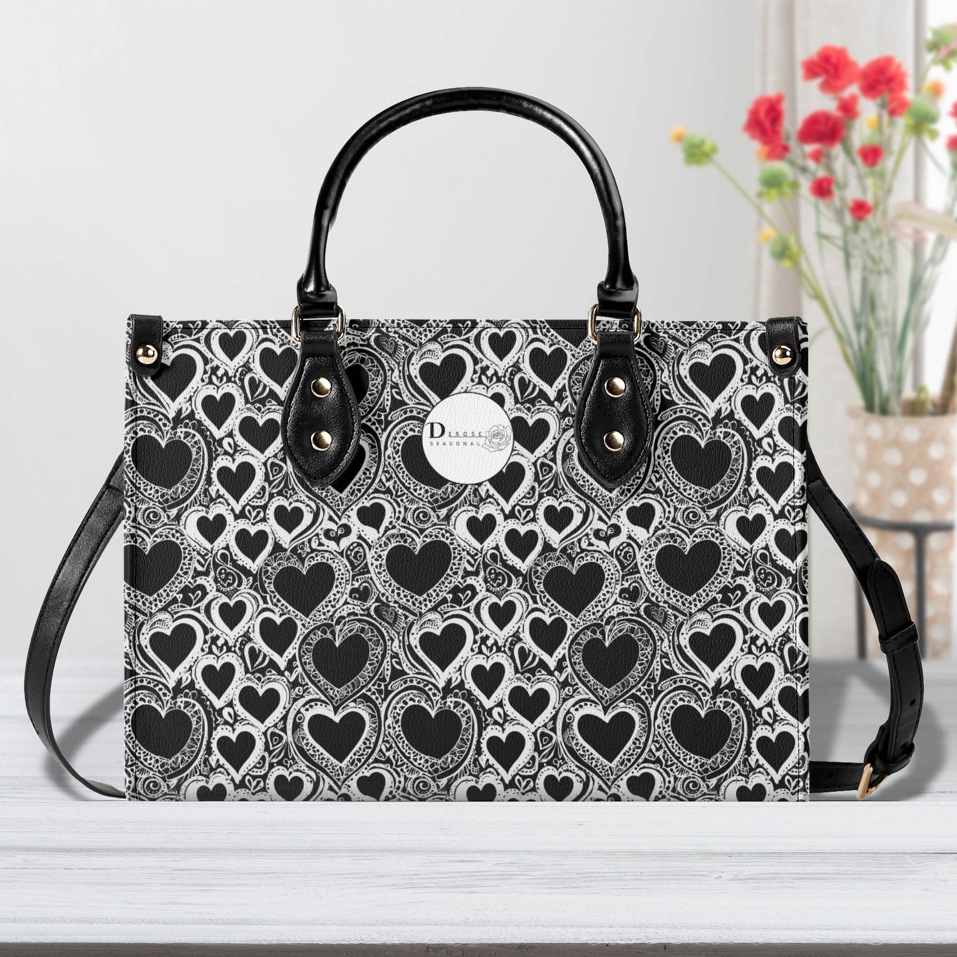 Black and White Groovy Hearts Luxury Women Leather Handbag (3 sizes) - DeRose Seasonal