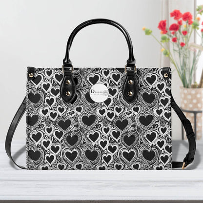 Black and White Groovy Hearts Luxury Women Leather Handbag (3 sizes) - DeRose Seasonal