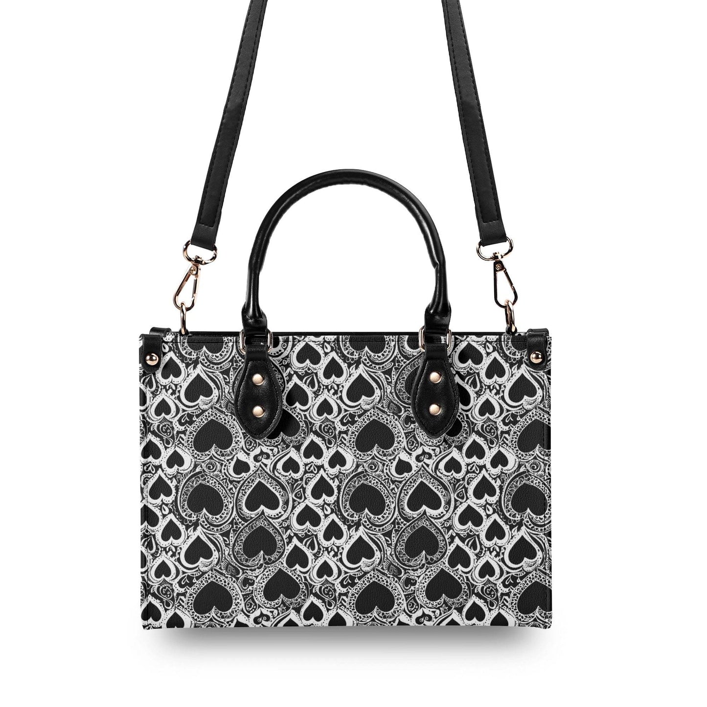 Black and White Groovy Hearts Luxury Women Leather Handbag (3 sizes) - DeRose Seasonal