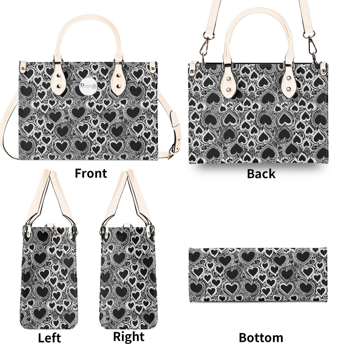 Black and White Groovy Hearts Luxury Women Leather Handbag (3 sizes) - DeRose Seasonal