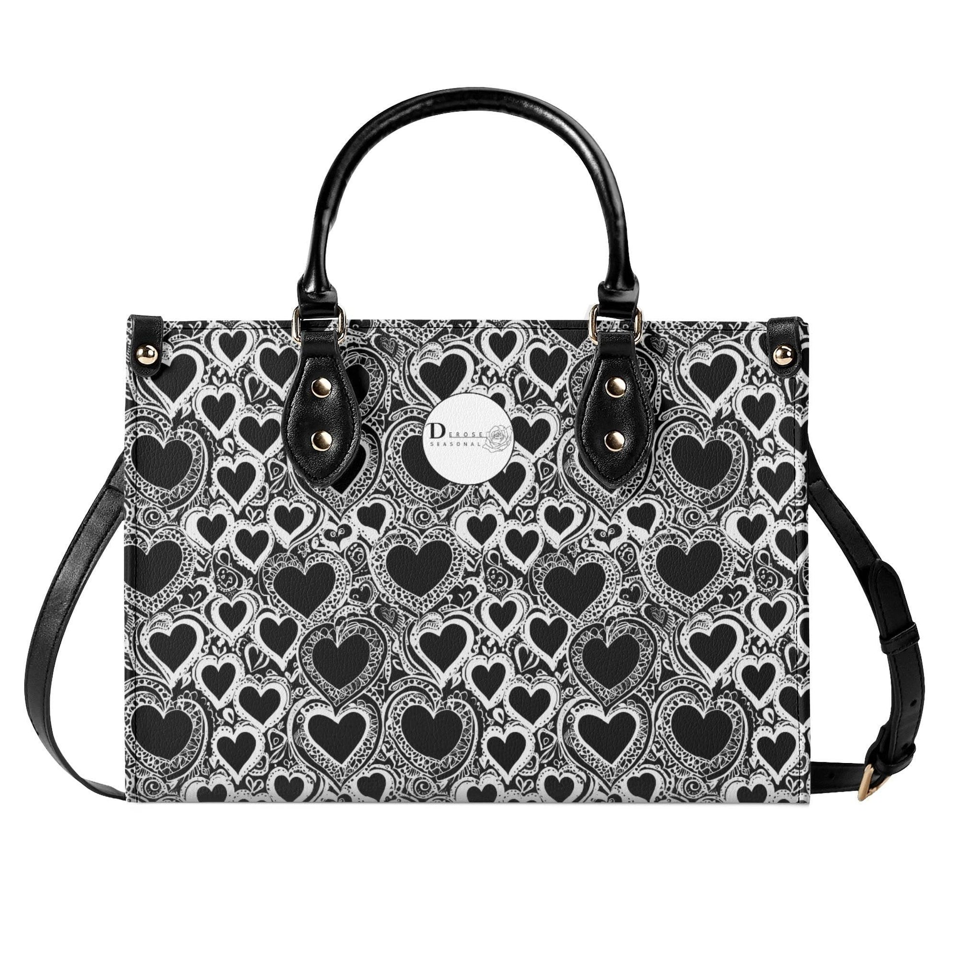 Black and White Groovy Hearts Luxury Women Leather Handbag (3 sizes) - DeRose Seasonal