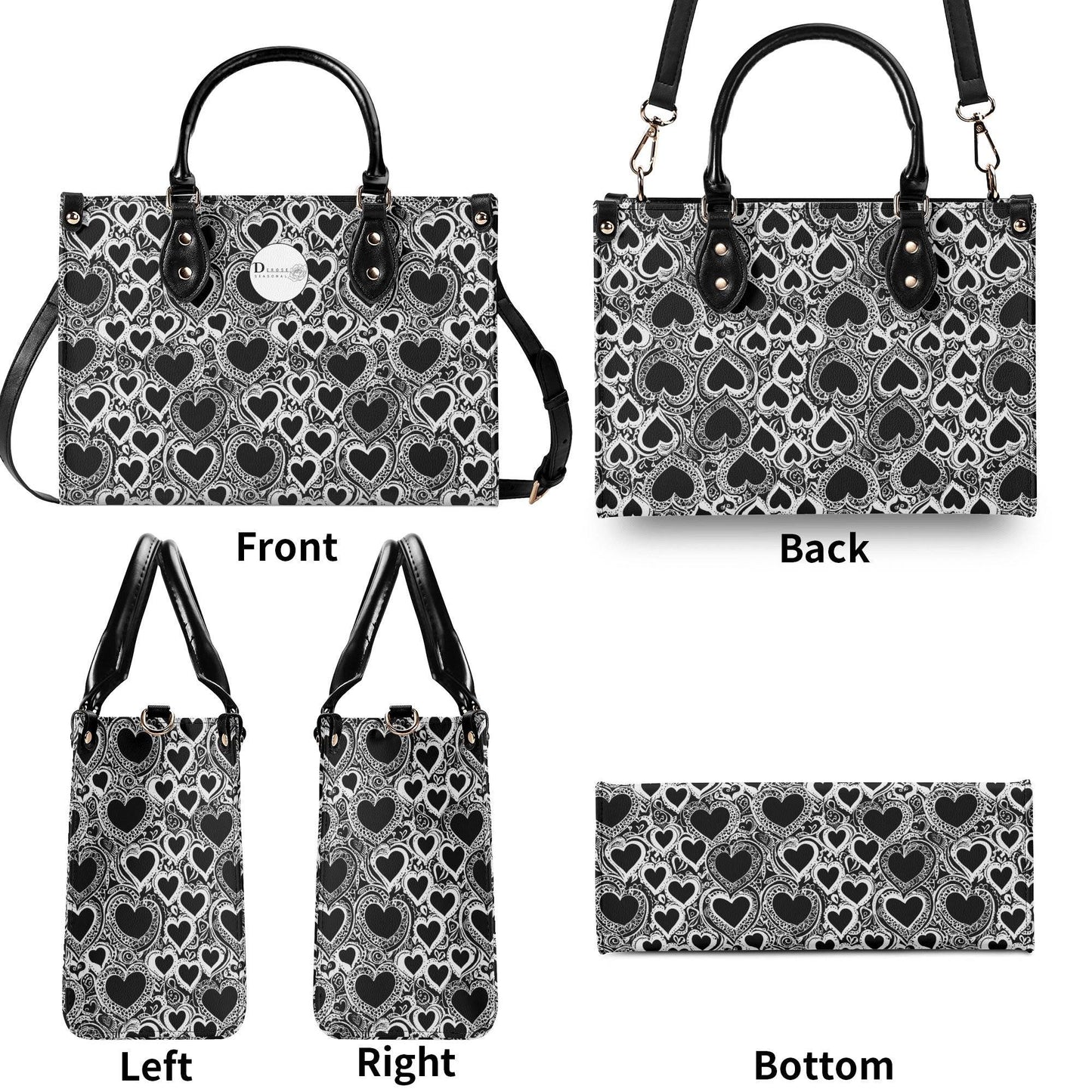 Black and White Groovy Hearts Luxury Women Leather Handbag (3 sizes) - DeRose Seasonal