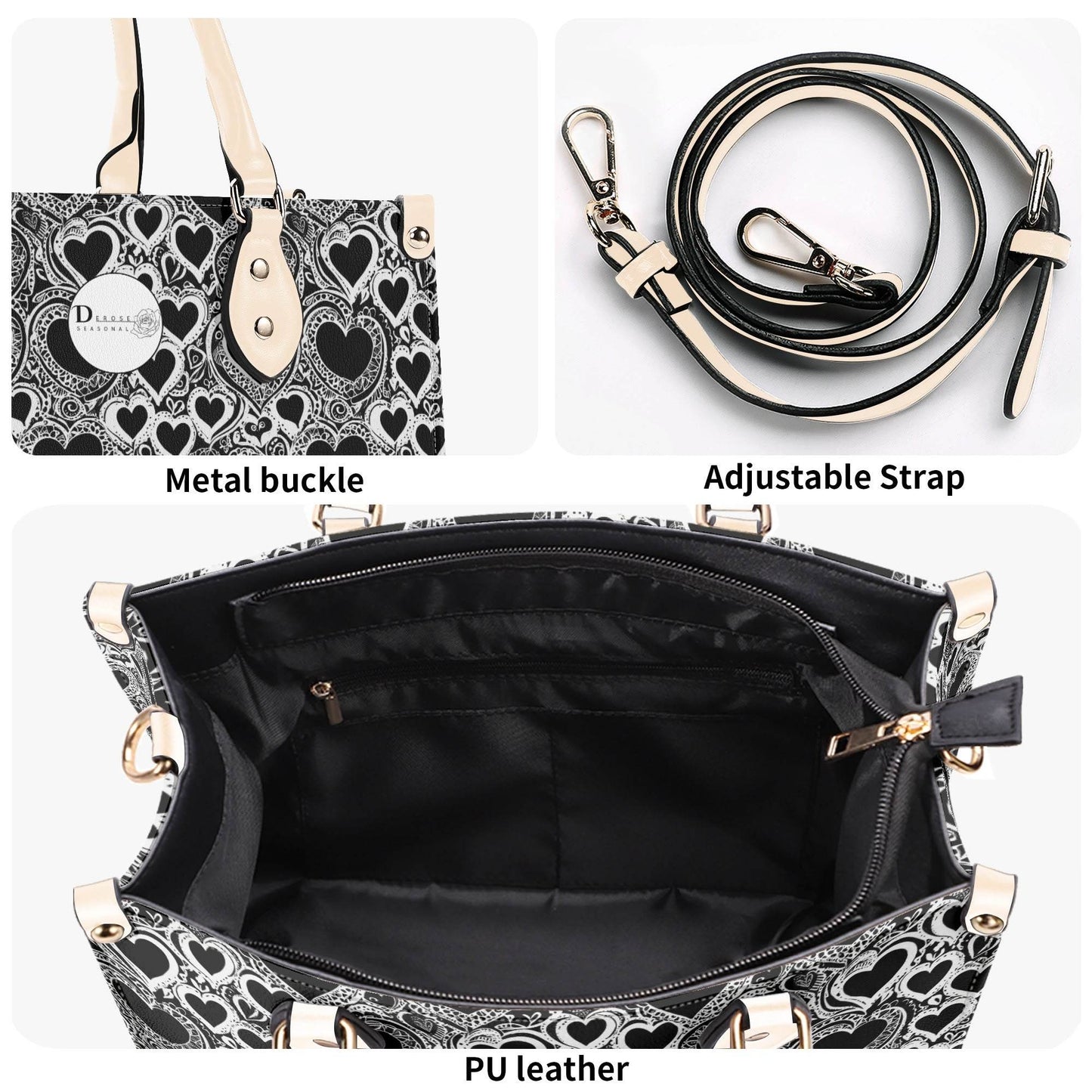 Black and White Groovy Hearts Luxury Women Leather Handbag (3 sizes) - DeRose Seasonal