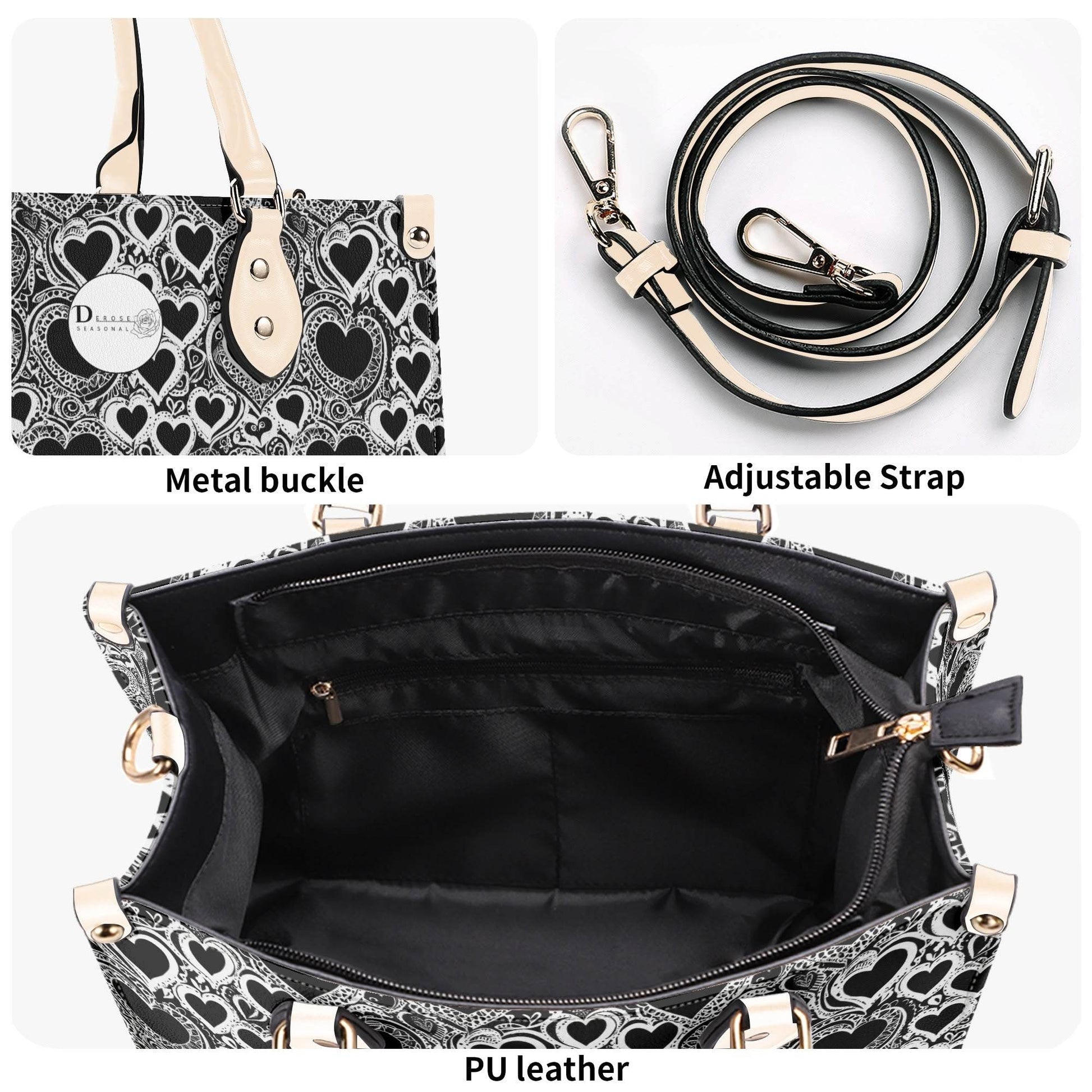 Black and White Groovy Hearts Luxury Women Leather Handbag (3 sizes) - DeRose Seasonal