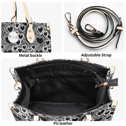 Black and White Groovy Hearts Luxury Women Leather Handbag (3 sizes) - DeRose Seasonal