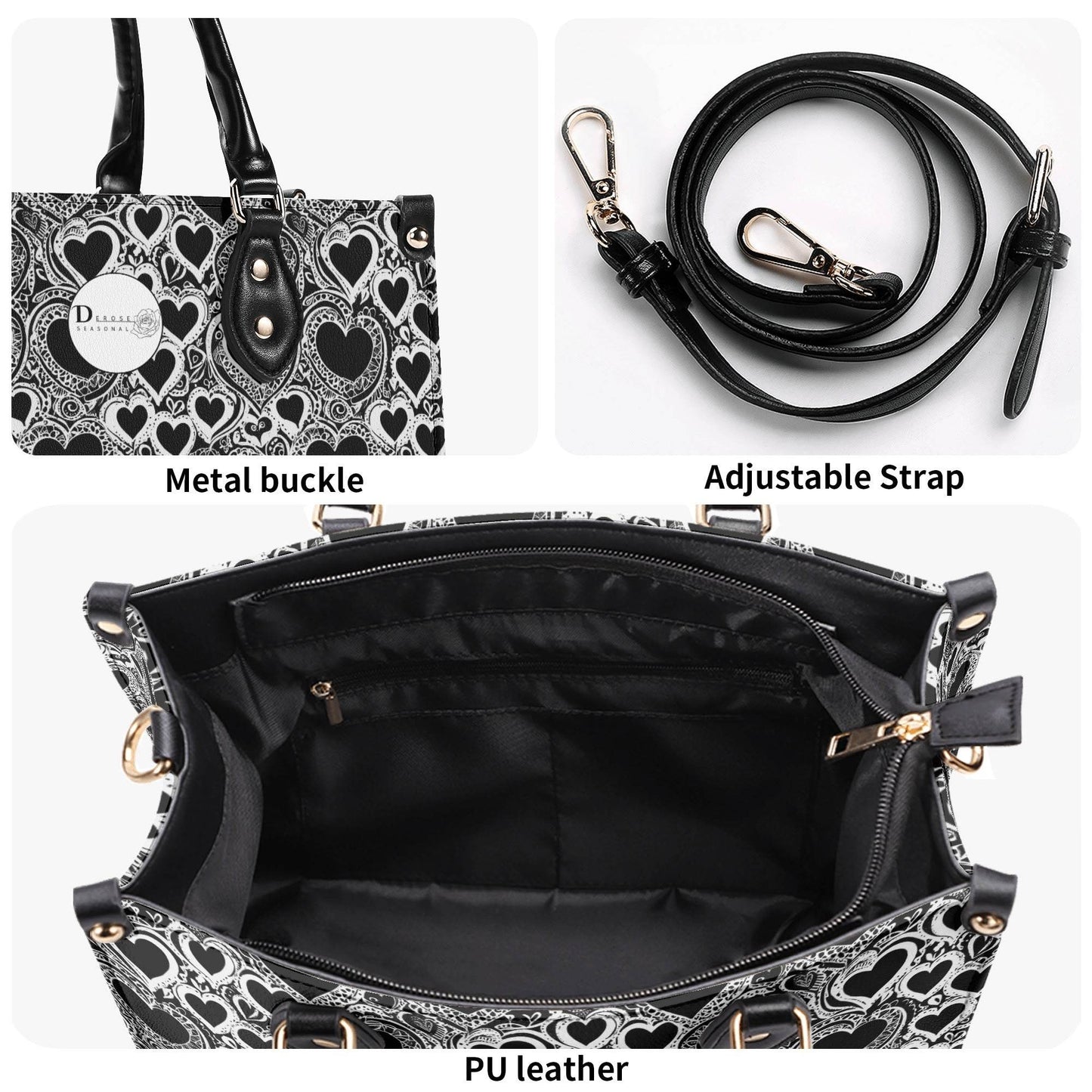 Black and White Groovy Hearts Luxury Women Leather Handbag (3 sizes) - DeRose Seasonal