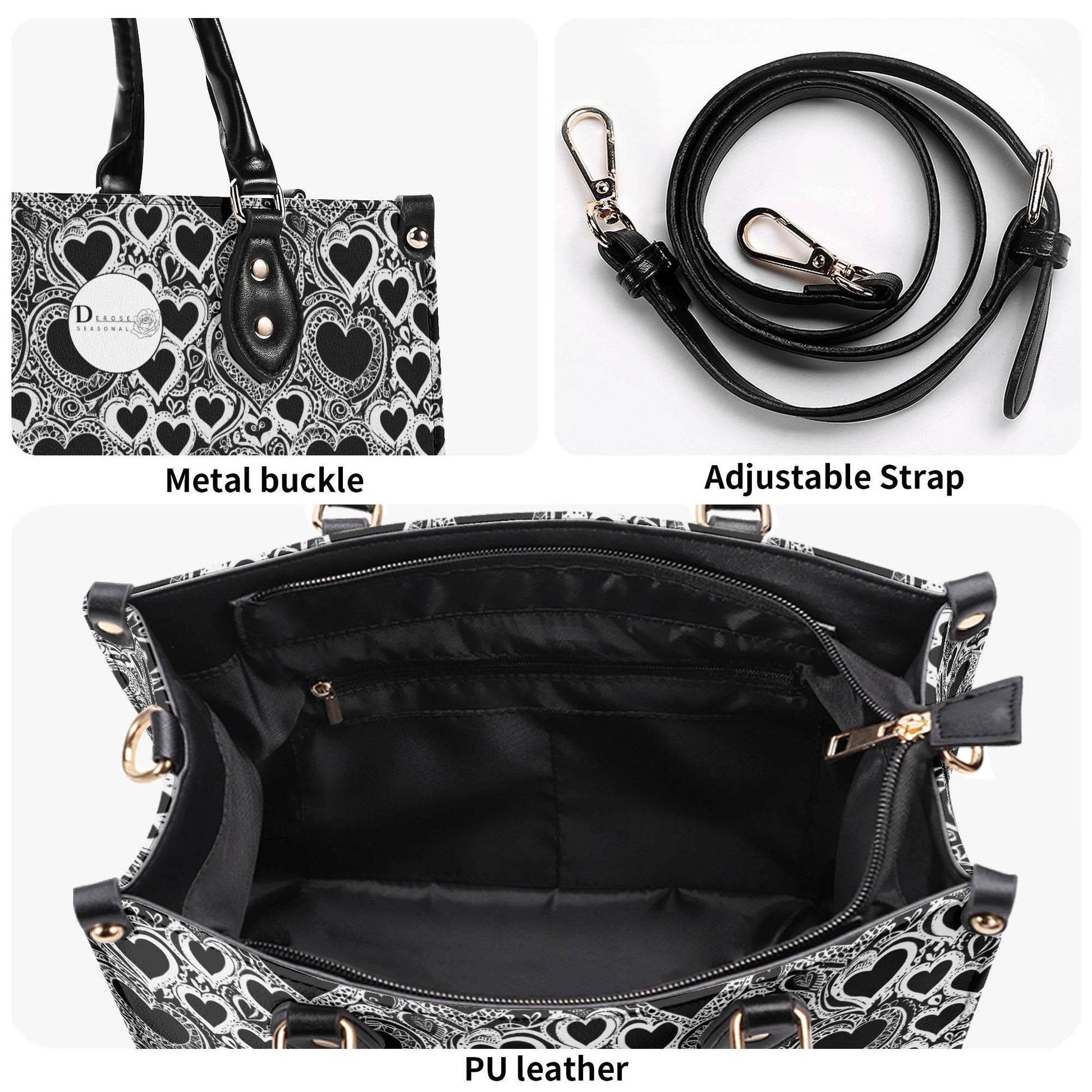 Black and White Groovy Hearts Luxury Women Leather Handbag (3 sizes) - DeRose Seasonal